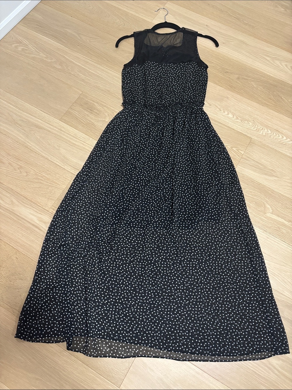 JACOB (XS) Sleeveless Black Polka Dot Midi Dress Mesh Flowy Lined Elastic Waist - Picture 12 of 15